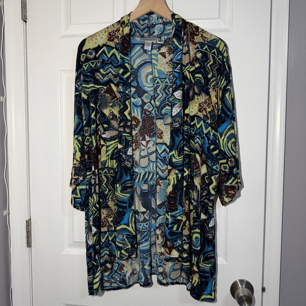 Chicos Travelers Abstract Geometric Open Front Cardigan Blue Green Size 3 XL